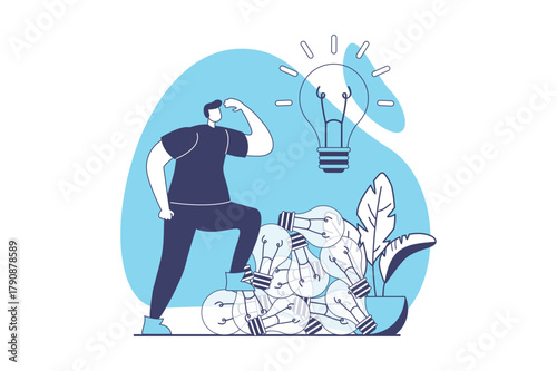 Finding ideas web concept with flat people for website design. Man thinking and brainstorming, solving problem and finding decisions, explorating information and getting insights. Vector illustration.