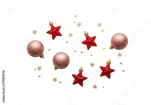Festive christmas ornaments, including red stars and rose gold baubles, scattered with golden glitter and snowflakes, isolated on transparent background