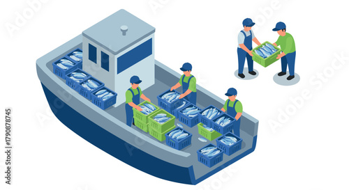 Fishing vessel crew loading fresh catch in isometric design for seafood industry concept