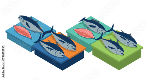 Isometric display of fresh fish on colored boxes for seafood markets