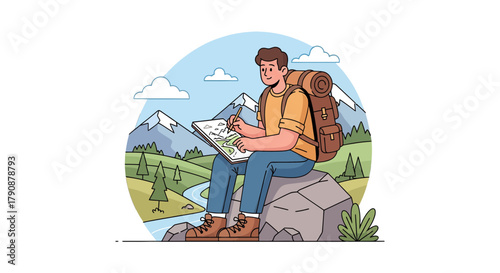 Adventurous Traveler Sketching Landscape While Resting On a Rock After a Long Trek