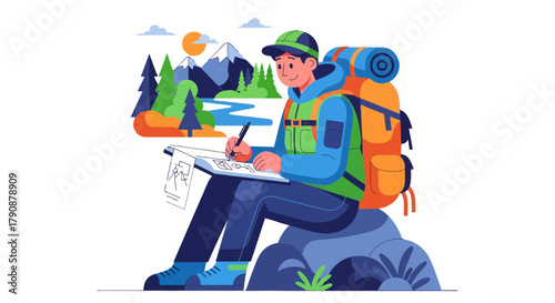 Adventurous Traveler Sketching Landscape While Resting On Natural Stone During Trip