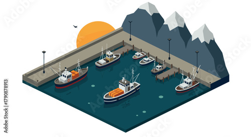 Isometric fishing harbor scene with boats and snowy mountains at sunrise