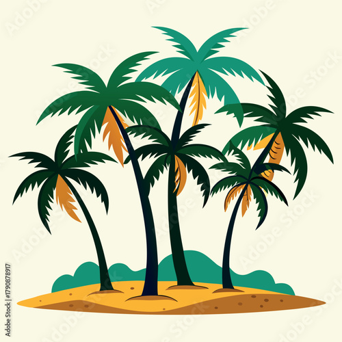 Tropical palm tree pattern with sunset colors and beach background