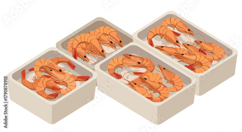 Fresh shrimp in boxes isometric view