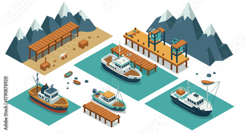 Isometric harbor scene with ships and mountains in a minimalistic style