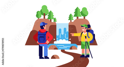 Adventurous Pair Exploring Wilderness Near Enchanting Waterfall Illustration on a Black Background