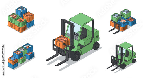 Isometric forklift with colorful cargo crates on white background