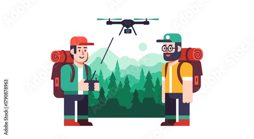 Adventurous Pair Capturing Nature's Beauty, Utilizing Drone Technology for Exploration