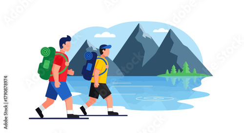 Adventurous Pair Trekking Towards Majestic Peaks and Tranquil Lakeside Scenery