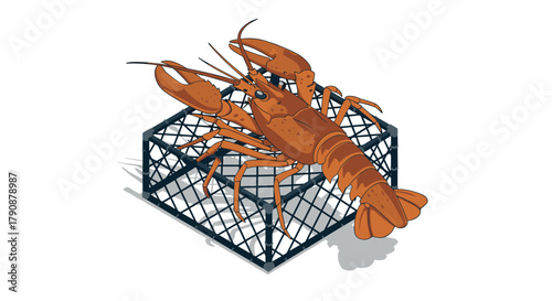 Lobster on a trap isometric marine life concept in 3d design