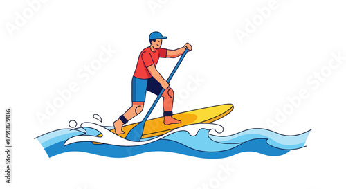 Adventurous Person Paddleboarding On Waves In The Ocean During The Summer Sunlight