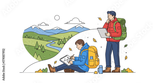 Adventurous Travelers Capturing Scenery Sketching And Contemplating Nature's Beauty