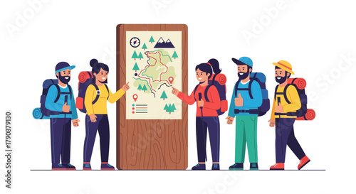 Adventurous Travelers Exploring Map Outdoors, Planning Journey Together, Illustration