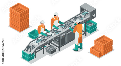 Workers sorting fresh fish on conveyor belt in seafood processing plant