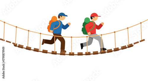 Adventurous Persons Traversing a Suspension Bridge Against a Black Background