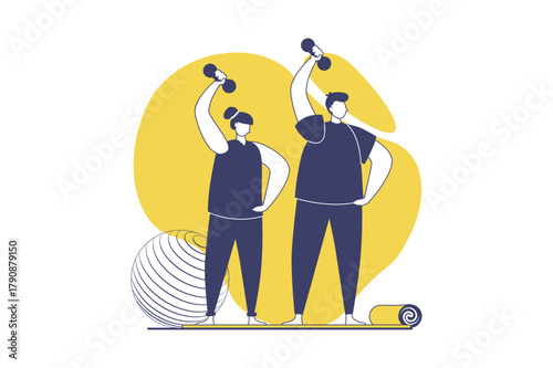 Fitness at gym web concept with flat people for website design. Woman and man training with dumbbells and fit ball, doing exercises with strength program for pumping muscles. Vector illustration.
