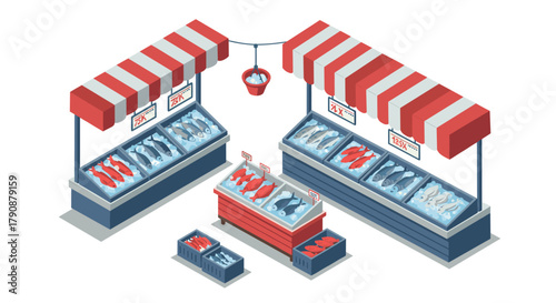 Isometric fish market stall with fresh seafood and stripe awnings
