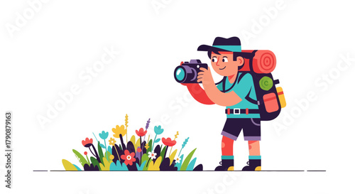 Adventurous Photographer Capturing Blooming Flora, Nature, And Outdoors Illustrations