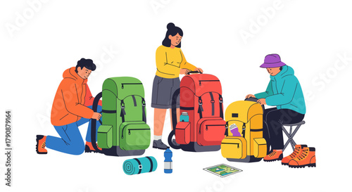 Adventurous Travelers Packing Backpacks Ready For Their Hiking Adventure or Mountain Expedition