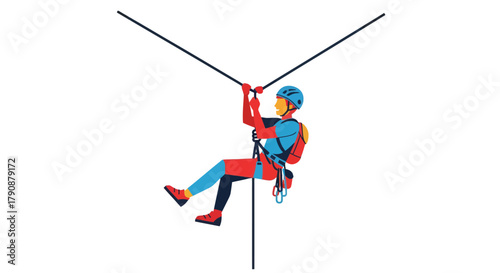 Adventurous Person Rappelling Down Rope With Safety Gear Against Black Background