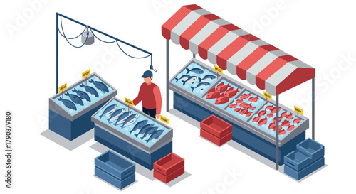 Isometric fish market stand with fresh seafood display and vendor