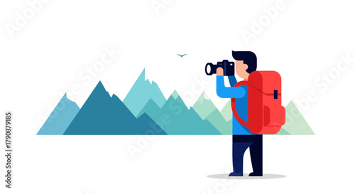 Adventurous Photographer Capturing Majestic Mountain Peaks in a Vector Illustration