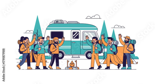 Adventurous Travelers Wave Near Campervan, Camping Trip In Nature, Happy Friends