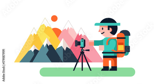 Adventurous Photographer Capturing Majestic Mountain Panorama in Stylish Minimalist Design