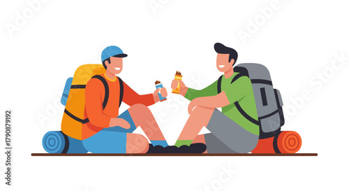 Adventurous Travellers Enjoying Refreshments during a Mountain Hiking Expedition Moment