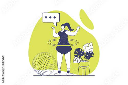 Fitness at gym web concept with flat people for website design. Woman training and spinning hula hoop, doing exercises with workout program for balance and dynamic movements. Vector illustration.