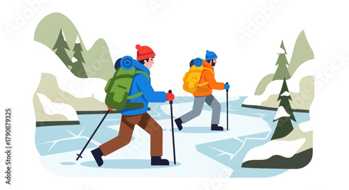 Adventurous Travellers Hiking Together On A Snowy Mountain Landscape In Winter Season