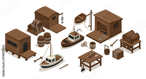 Isometric wooden harbor elements boats, shacks, barrels, and nautical tools