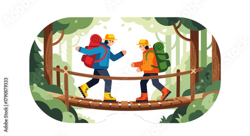 Adventurous Trekkers Crossing A Wooden Bridge In A Lush, Green Forest Setting