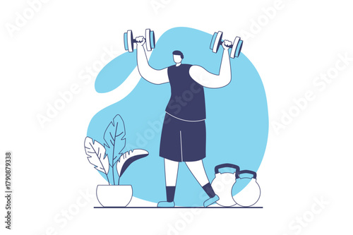 Fitness at gym web concept with flat people for website design. Man training and lifting dumbbells, doing exercises with strength program, weightlifting for pumping muscles. Vector illustration.