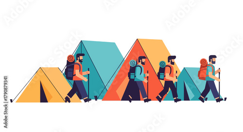 Adventurous Trekkers Exploring Nature And Setting Camp With Tents On Scenic Trails