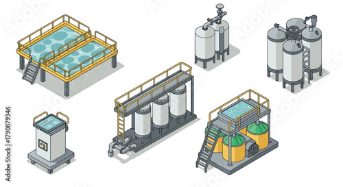 Industrial water treatment plant isometric design with tanks and pipelines