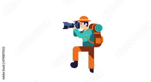 Adventurous Photographer Capturing Moments In Nature With Backpack Against Black Background