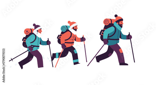 Adventurous Trekkers Hiking Through Snowy Mountains During The Winter Season