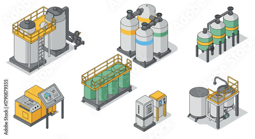 Industrial isometric design of chemical processing equipment with storage tanks and control panels