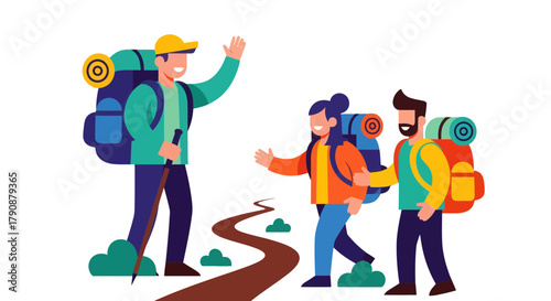 Adventurous Trekkers Exploring Nature's Beauty Illustrated With Backpacks And Trail