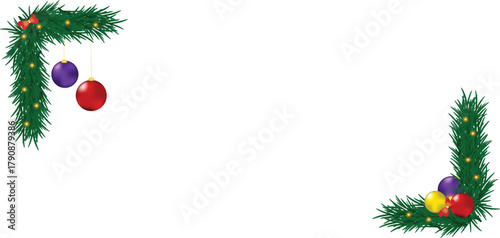 Festive Pine Corner Decorations with Colorful Christmas Baubles, Holiday Frame Accents for Seasonal Cards and Design