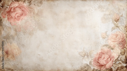 Vintage distressed paper with faded roses and baroque floral elements