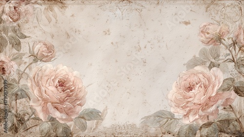 Vintage distressed paper with pink roses and baroque border