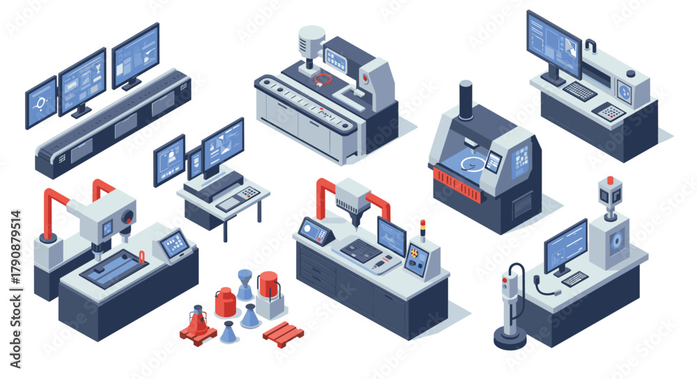 Fototapeta premium Isometric industrial factory equipment and machinery set for modern production facilities