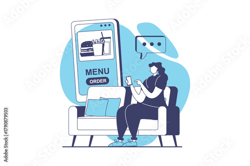 Food delivery web concept with flat people for website design. Woman making online order in restaurant menu in application, paying and waiting courier with meal shipping at home. Vector illustration.
