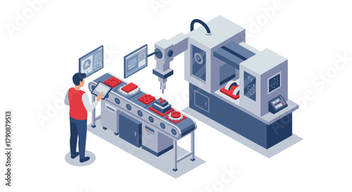 Smart factory automation with robotic arm and assembly line in isometric design
