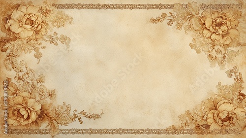Vintage floral border on aged parchment paper texture 1