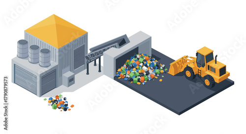 Isometric recycling facility with heavy machinery and waste processing equipment