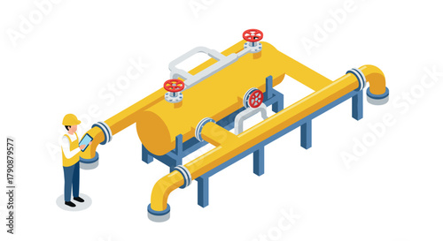 Industrial pipeline inspection engineer analyzing isometric gas pipeline structure